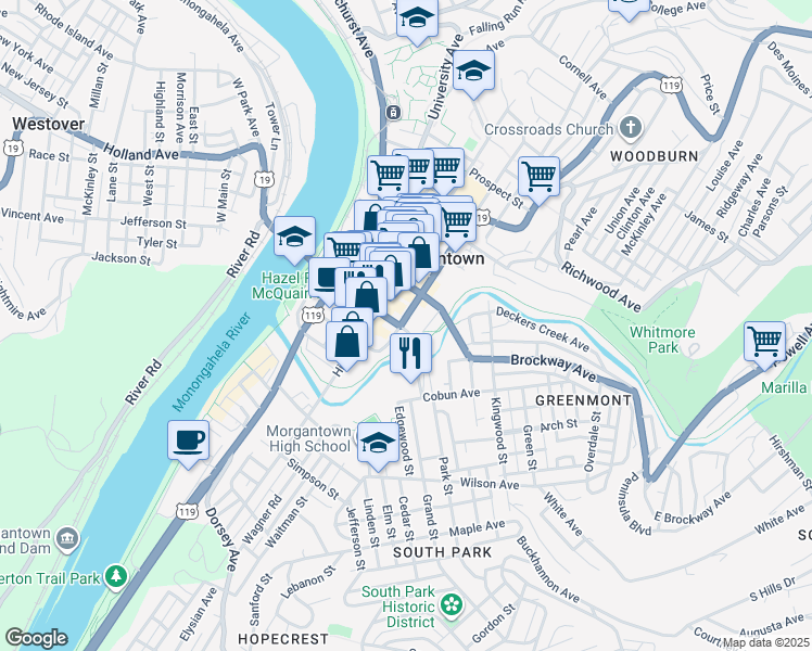 map of restaurants, bars, coffee shops, grocery stores, and more near 206 Spruce Street in Morgantown