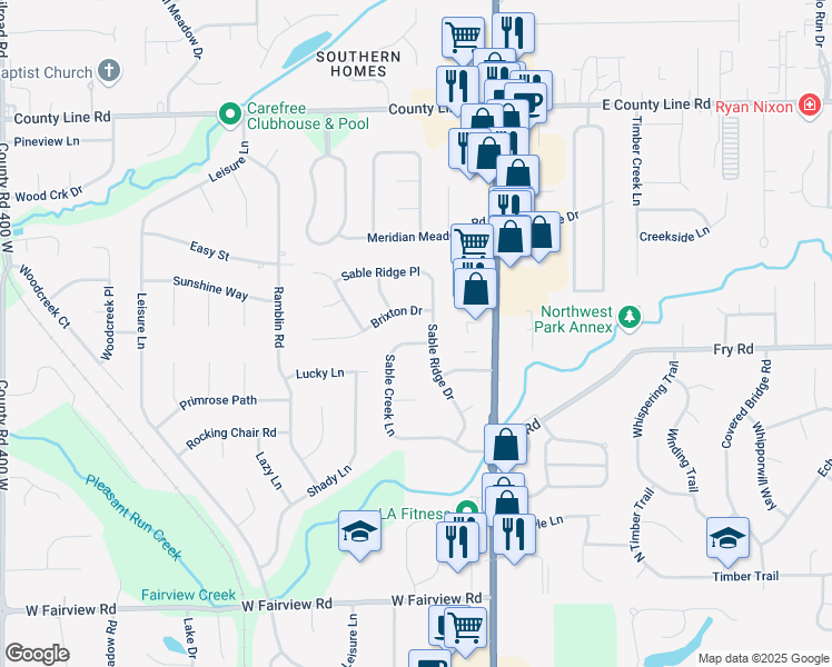 map of restaurants, bars, coffee shops, grocery stores, and more near 852 Sable Creek Lane in Greenwood