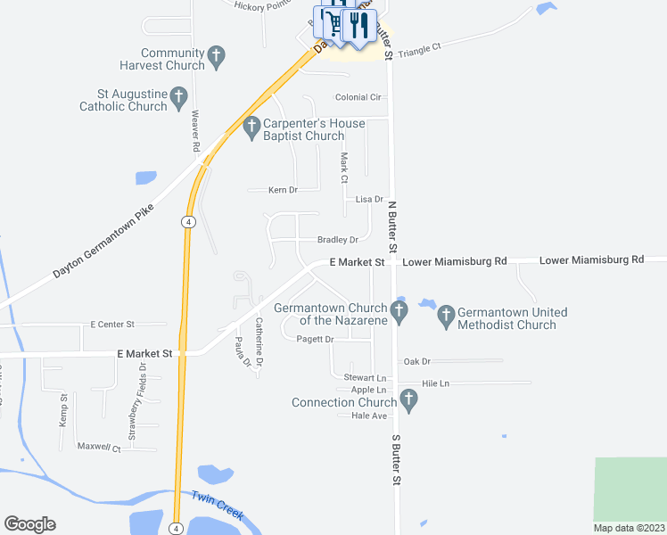 map of restaurants, bars, coffee shops, grocery stores, and more near 1419 East Market Street in Germantown