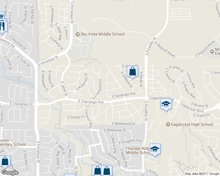 map of restaurants, bars, coffee shops, grocery stores, and more near 21127 East Layton Lane in Aurora