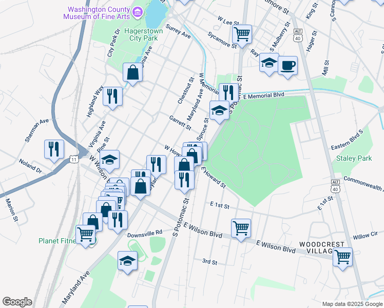map of restaurants, bars, coffee shops, grocery stores, and more near 762 Spruce Street in Hagerstown