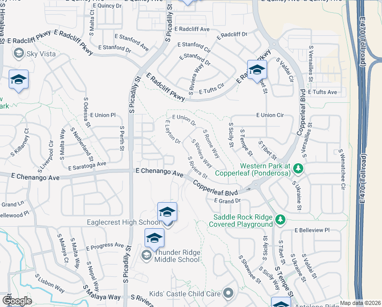 map of restaurants, bars, coffee shops, grocery stores, and more near 4834 South Riviera Street in Centennial