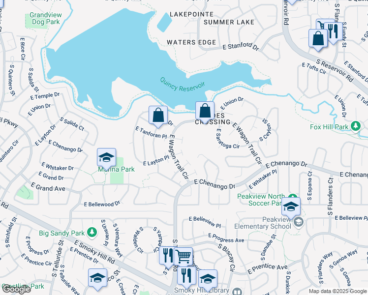 map of restaurants, bars, coffee shops, grocery stores, and more near 18621 East Layton Place in Aurora