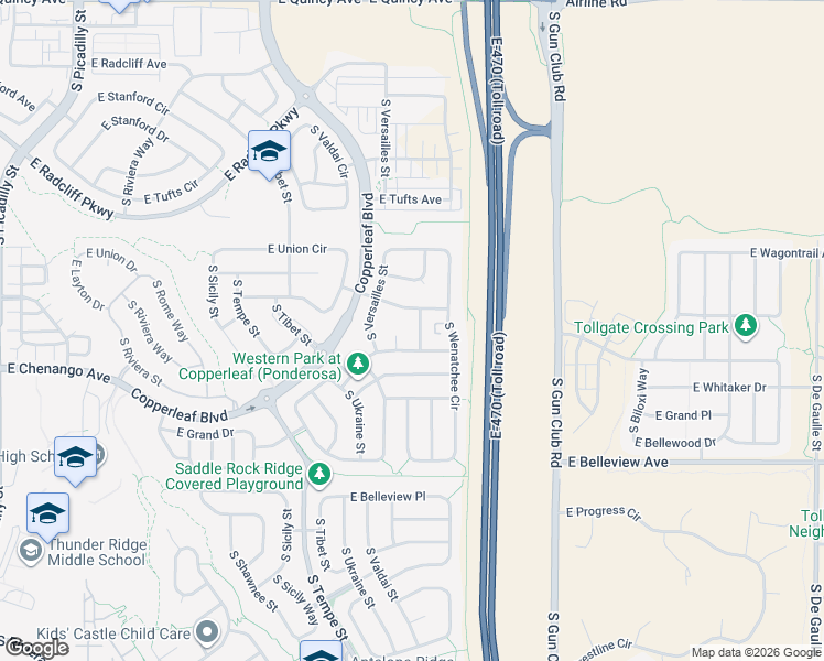 map of restaurants, bars, coffee shops, grocery stores, and more near 4842 South Versailles Street in Aurora