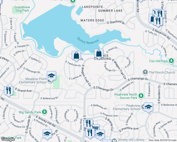 map of restaurants, bars, coffee shops, grocery stores, and more near 18621 East Layton Place in Aurora