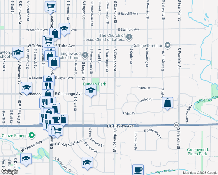 map of restaurants, bars, coffee shops, grocery stores, and more near 4841 South Clarkson Street in Englewood