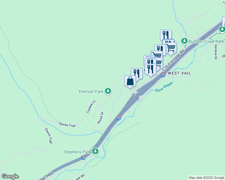 map of restaurants, bars, coffee shops, grocery stores, and more near 2475 Garmisch Drive in Vail