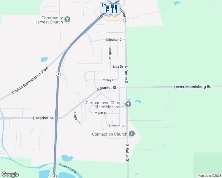 map of restaurants, bars, coffee shops, grocery stores, and more near 1431 East Market Street in Germantown