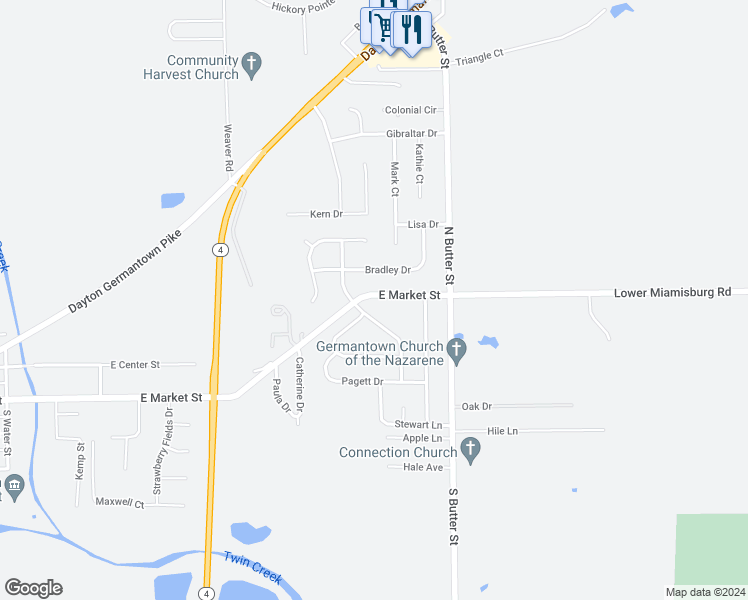 map of restaurants, bars, coffee shops, grocery stores, and more near 1431 East Market Street in Germantown