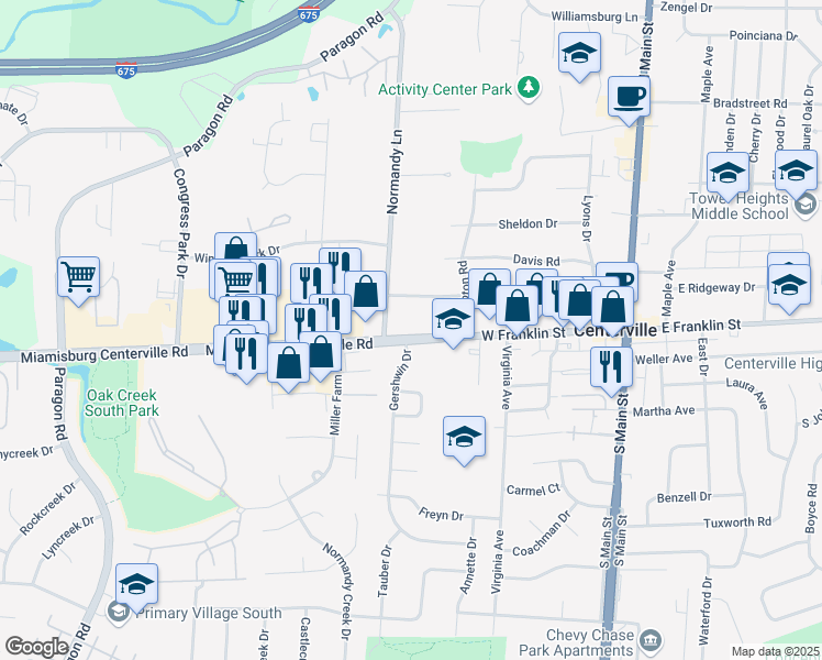 map of restaurants, bars, coffee shops, grocery stores, and more near 7950 Normandy Lane in Dayton
