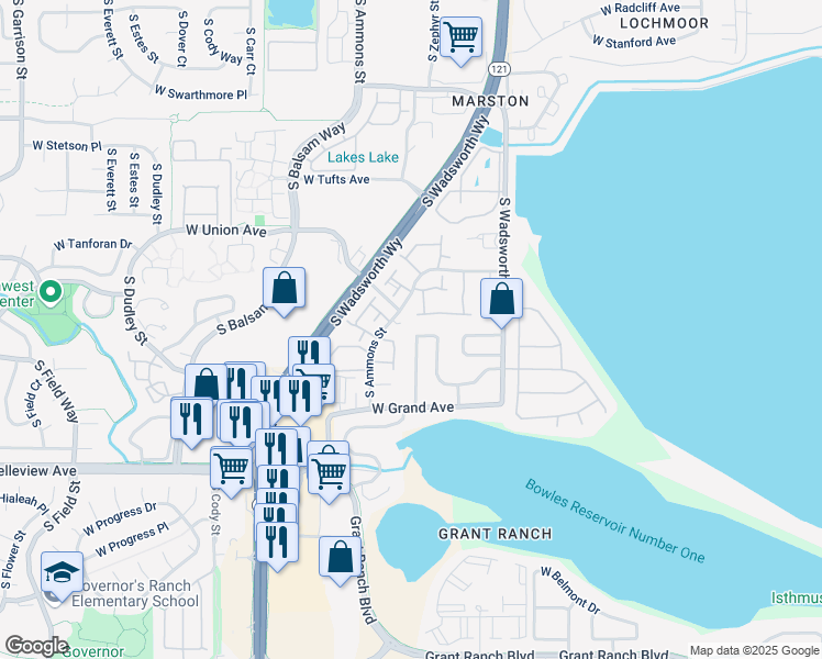 map of restaurants, bars, coffee shops, grocery stores, and more near 7917 West Layton Way in Littleton
