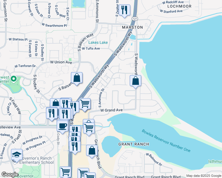 map of restaurants, bars, coffee shops, grocery stores, and more near 7917 West Layton Way in Littleton
