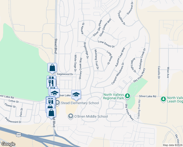 map of restaurants, bars, coffee shops, grocery stores, and more near 9330 Brightridge Drive in Reno