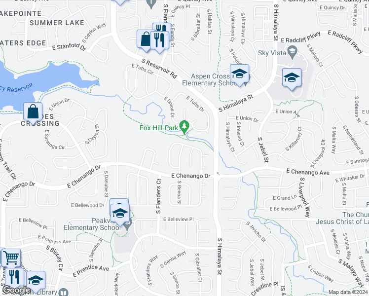 map of restaurants, bars, coffee shops, grocery stores, and more near 4802 South Genoa Street in Centennial