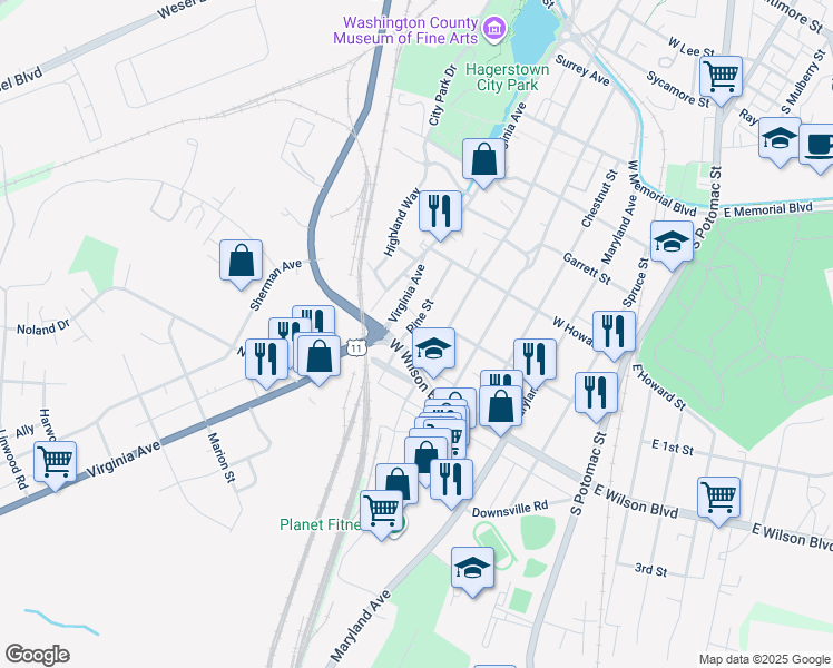 map of restaurants, bars, coffee shops, grocery stores, and more near 874 Pine Street in Hagerstown
