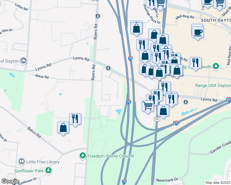 map of restaurants, bars, coffee shops, grocery stores, and more near 8338 Towson Boulevard in Miamisburg