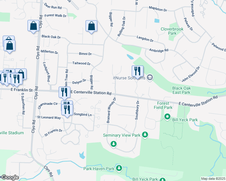 map of restaurants, bars, coffee shops, grocery stores, and more near 1301 East Centerville Station Road in Dayton