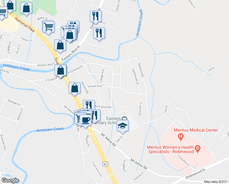 map of restaurants, bars, coffee shops, grocery stores, and more near 303 North Colonial Drive in Hagerstown