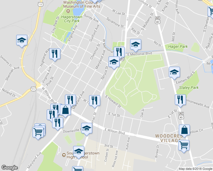 map of restaurants, bars, coffee shops, grocery stores, and more near 776 South Potomac Street in Hagerstown