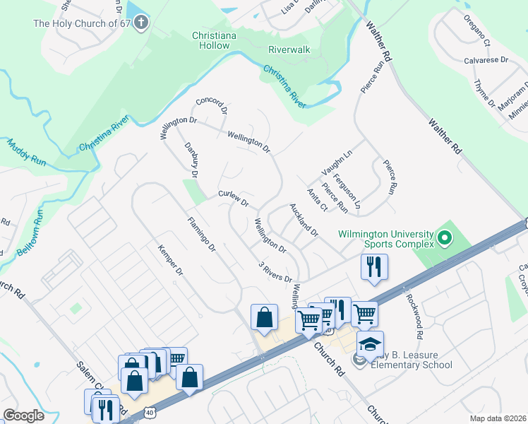 map of restaurants, bars, coffee shops, grocery stores, and more near 115 Auckland Drive in Newark