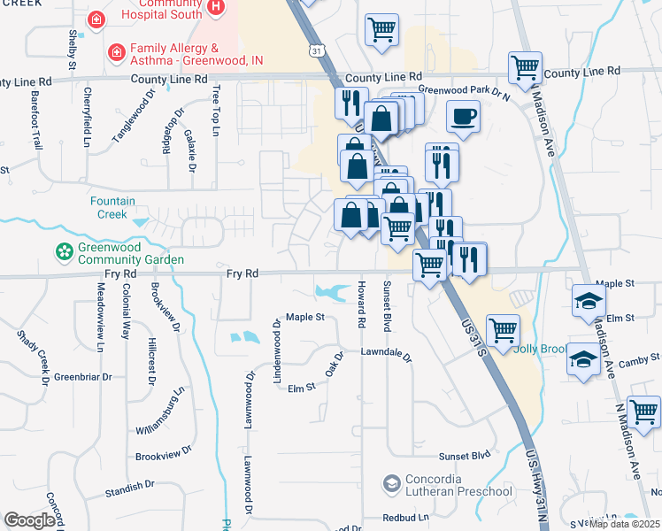 map of restaurants, bars, coffee shops, grocery stores, and more near 910 Fry Road in Greenwood