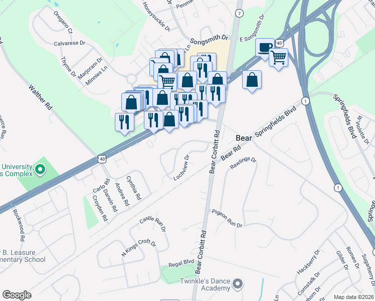 map of restaurants, bars, coffee shops, grocery stores, and more near 20 Lochview Drive in Bear