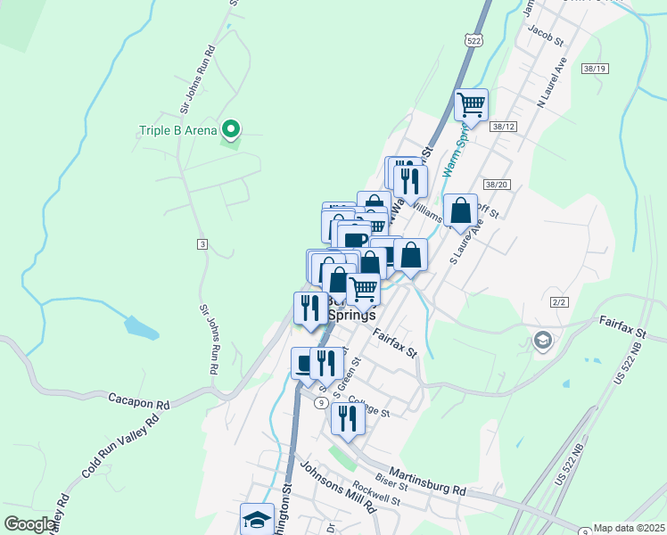 map of restaurants, bars, coffee shops, grocery stores, and more near 167 Wilkes Street in Berkeley Springs