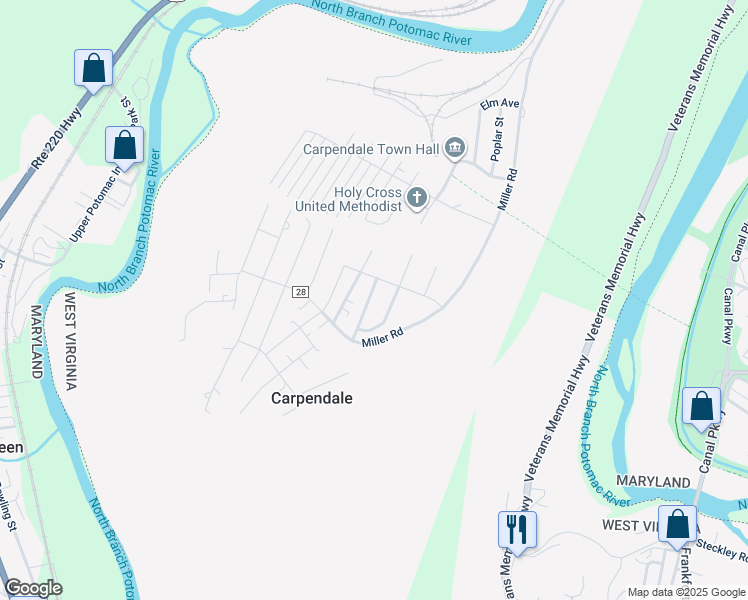 map of restaurants, bars, coffee shops, grocery stores, and more near 108 Washington Street in Ridgeley