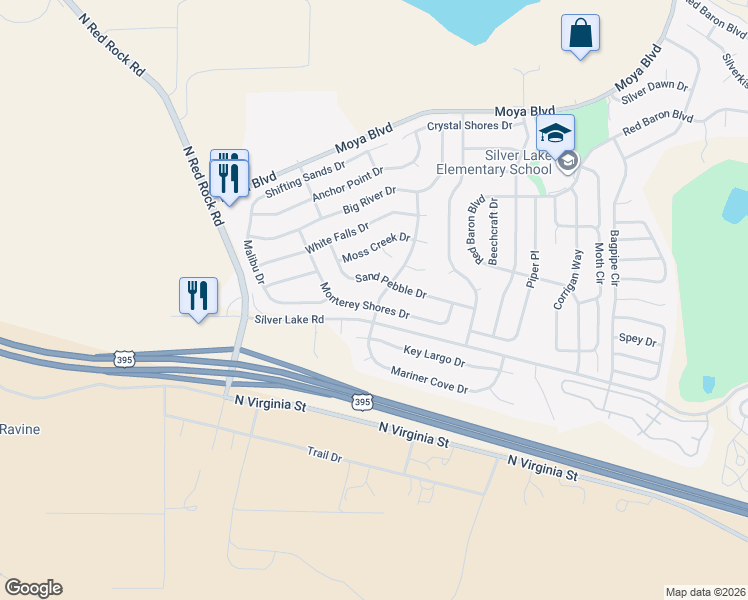 map of restaurants, bars, coffee shops, grocery stores, and more near 8001 Monterey Shores Drive in Reno