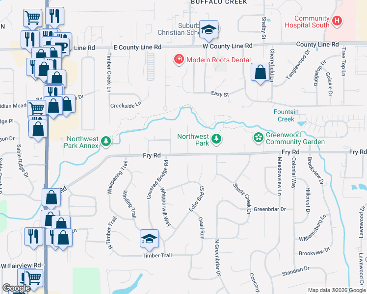 map of restaurants, bars, coffee shops, grocery stores, and more near 1418 Fry Road in Greenwood