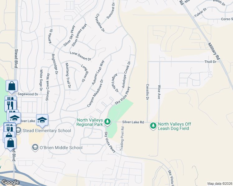 map of restaurants, bars, coffee shops, grocery stores, and more near 9519 Angel Falls Drive in Reno