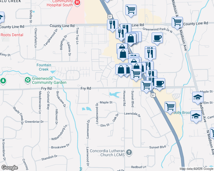 map of restaurants, bars, coffee shops, grocery stores, and more near 800 Kings Mill Road in Greenwood