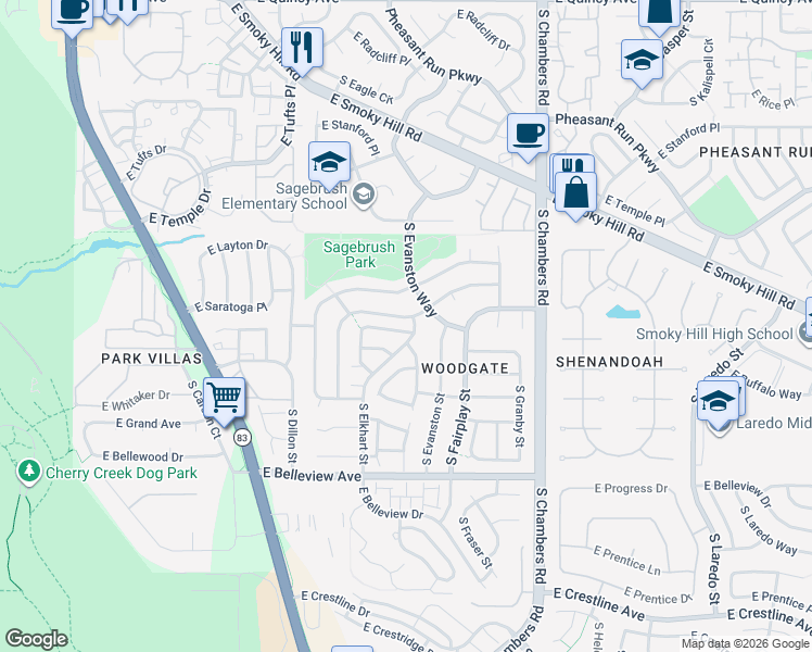 map of restaurants, bars, coffee shops, grocery stores, and more near 4803 South Eagle Circle in Aurora