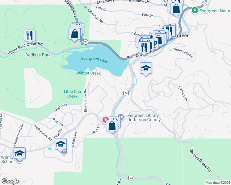 map of restaurants, bars, coffee shops, grocery stores, and more near 4833 South Cedar Road in Evergreen
