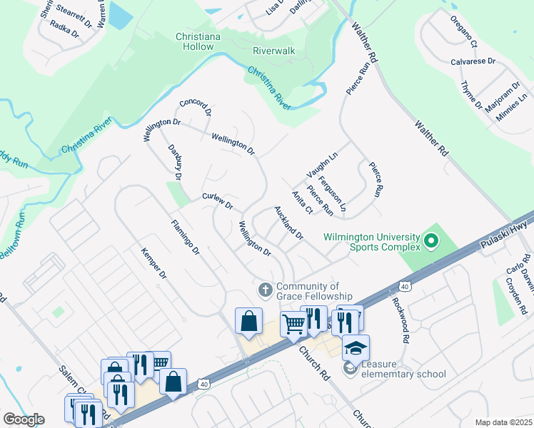 map of restaurants, bars, coffee shops, grocery stores, and more near 136 Auckland Drive in Newark