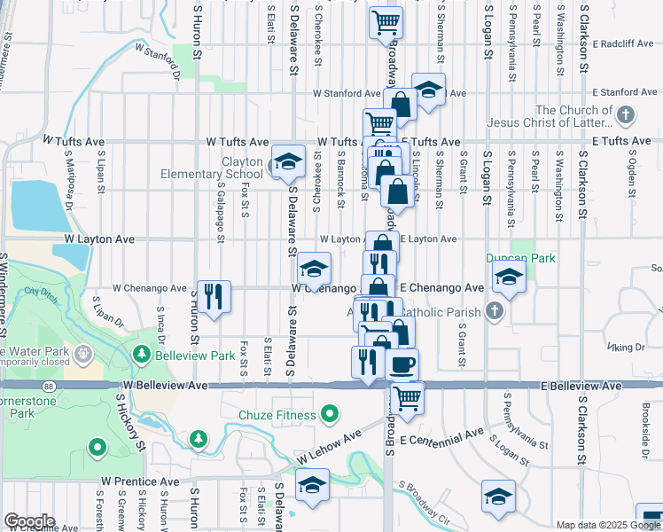 map of restaurants, bars, coffee shops, grocery stores, and more near 4851 South Bannock Street in Englewood