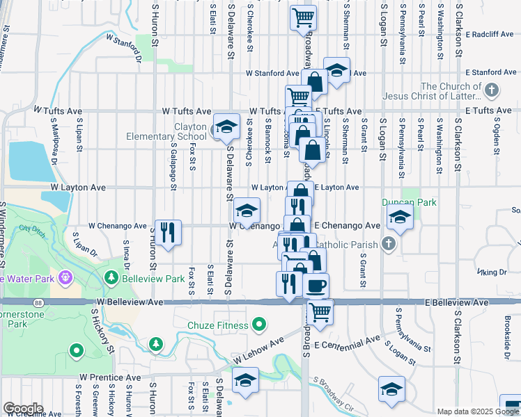 map of restaurants, bars, coffee shops, grocery stores, and more near 4851 South Bannock Street in Englewood