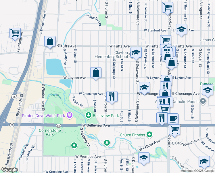 map of restaurants, bars, coffee shops, grocery stores, and more near 4848 S Huron St in Englewood
