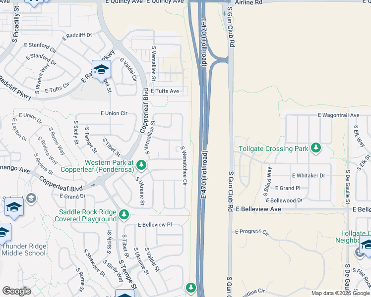map of restaurants, bars, coffee shops, grocery stores, and more near 22996 East Layton Avenue in Aurora