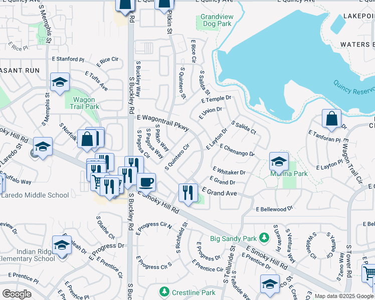 map of restaurants, bars, coffee shops, grocery stores, and more near 4822 South Quintero Circle in Aurora