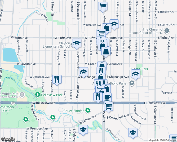 map of restaurants, bars, coffee shops, grocery stores, and more near 4851 South Bannock Street in Englewood