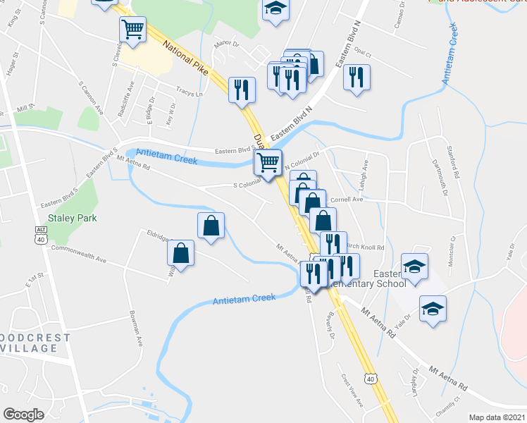 map of restaurants, bars, coffee shops, grocery stores, and more near 106 Parkway Drive in Hagerstown