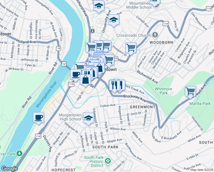 map of restaurants, bars, coffee shops, grocery stores, and more near 311 Walnut Street in Morgantown