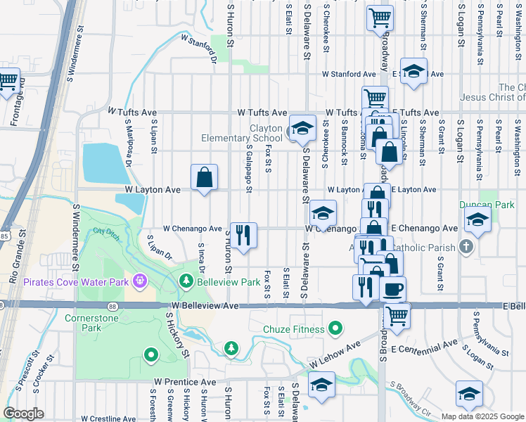 map of restaurants, bars, coffee shops, grocery stores, and more near 4857 South Fox Street in Englewood