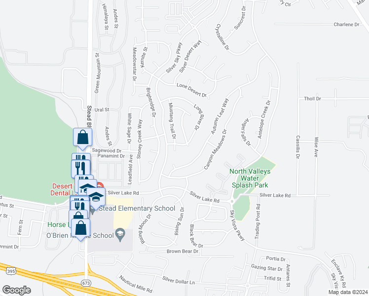 map of restaurants, bars, coffee shops, grocery stores, and more near 9416 Long River Drive in Reno