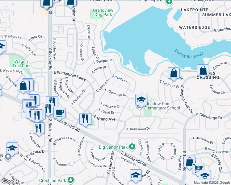 map of restaurants, bars, coffee shops, grocery stores, and more near 17453 E Chenango Dr in Aurora