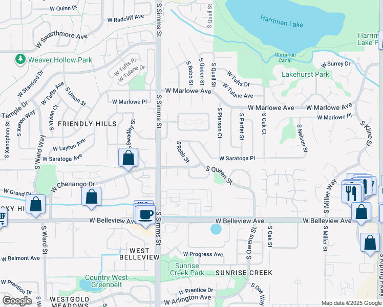 map of restaurants, bars, coffee shops, grocery stores, and more near 4839 South Queen Street in Littleton