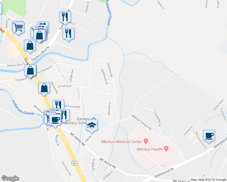 map of restaurants, bars, coffee shops, grocery stores, and more near 168 Stanford Road in Hagerstown