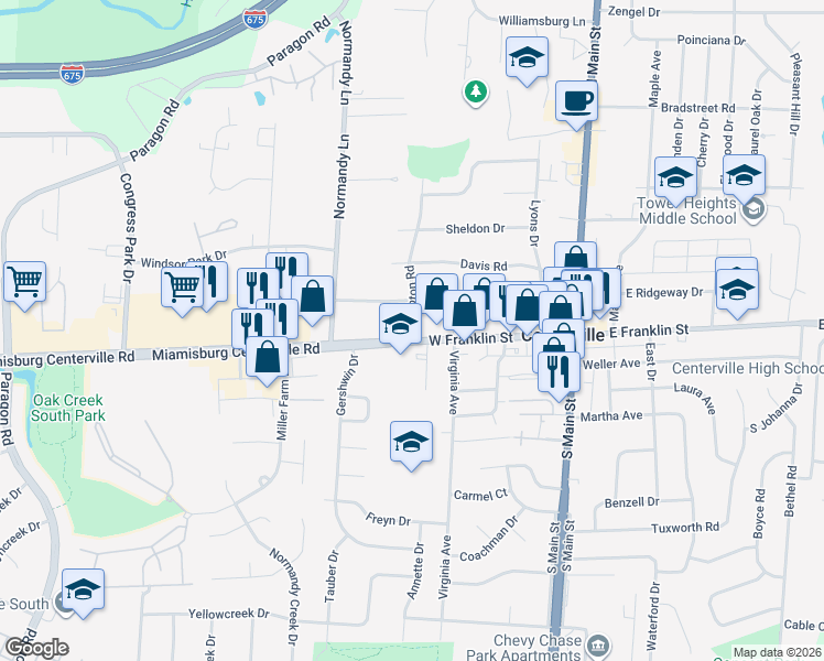 map of restaurants, bars, coffee shops, grocery stores, and more near 165 West Franklin Street in Dayton