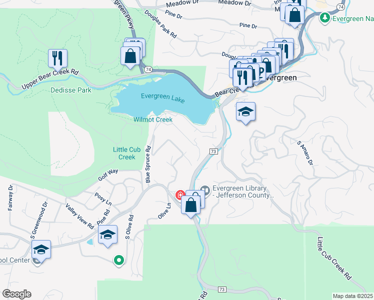 map of restaurants, bars, coffee shops, grocery stores, and more near 4824 South Pine Road in Evergreen